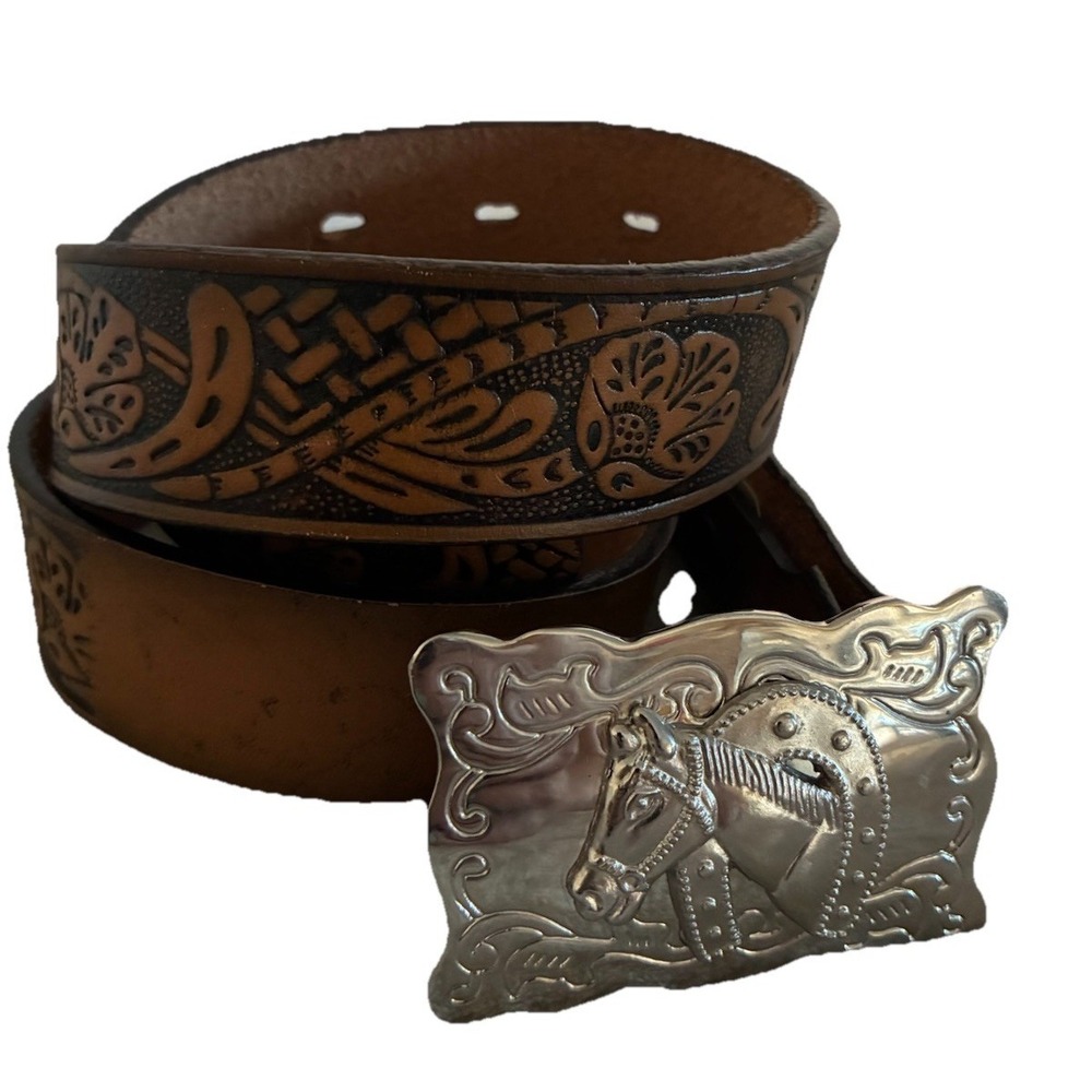 SS Double S Collection Belt 28" Tan Leather Hand Tooled Western Horse Buckle NEW